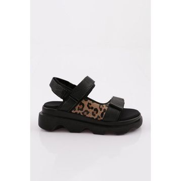 DGN 3527 Siyah Leopar Desenli Kalın Taban Kadın Sandalet