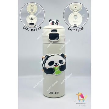 Diller 600 ml Sevimli Panda Çift Kapaklı Çelik Termos