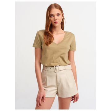 Dilvin 101A03470 Ekru V Yaka Basic Kadın T-shirt