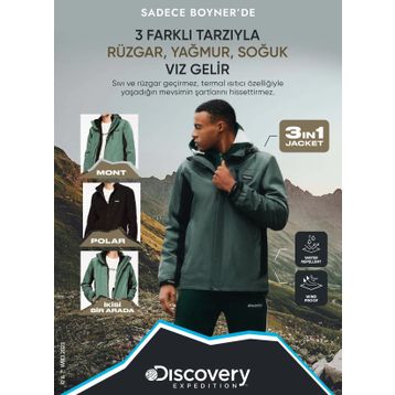 Discovery D3WM-MNT15 Expedition Yeşil Siyah Erkek Kapüşonlu Blok 3 İn 1 Mont