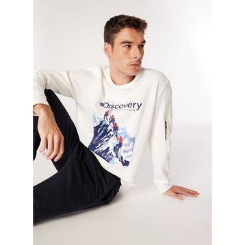 Discovery Expedition D4WM-SWT3253 Kırık Beyaz Erkek Bisiklet Relaxed Baskılı Sweatshirt
