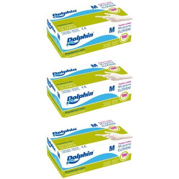 Dolphin 3 Adet 100'lü Paket Tek Kullanımlık Lateks Beyaz Pudralı Medium Muayne Eldiveni