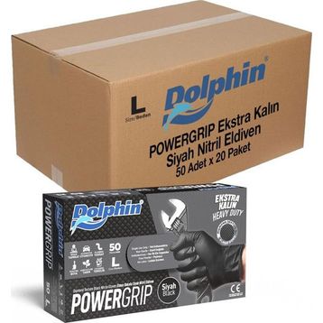Dolphin Siyah Large Büyük Boy 50'li Nitril Powergrip Ekstra Kalın Elmas Dokulu Eldiven