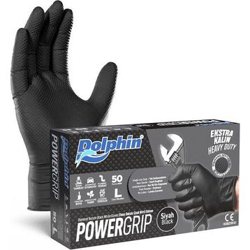 Dolphin Siyah Large Büyük Boy 50'li Nitril Powergrip Ekstra Kalın Elmas Dokulu Eldiven