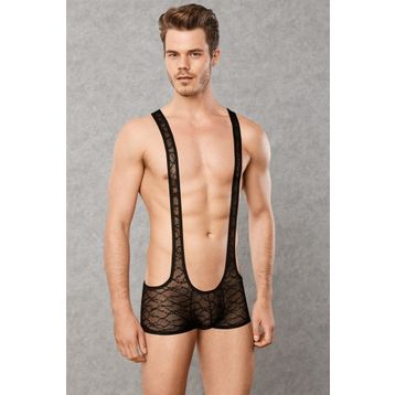 Doreanse 3011 Erkek Siyah Dantelli Transparan Askılı Fantezi Body