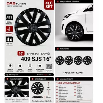 DRS Tuning Sks No: 409 16 inç Kırılmaz Parlak Siyah 1 Takım 4 Adet Jant Kapağı