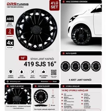 DRS Tuning Toyota No: 419 Uyumlu 16 inç Kırılmaz Parlak Siyah 1 Takım 4 Adet Jant Kapağı