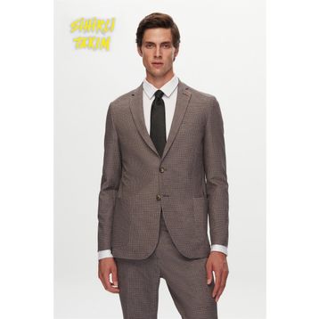 D's Damat 1HC05IM08577M Slim Fit Kahverengi Baskılı Kırışmayan Sihirli Takım Elbise