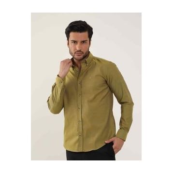 Dufy Hardal Erkek Slim Fit Düz Brent Düğmeli Yaka Uzun Kol Gömlek - 102454