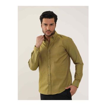 Dufy Hardal Erkek Slim Fit Düz Brent Düğmeli Yaka Uzun Kol Gömlek - 102454