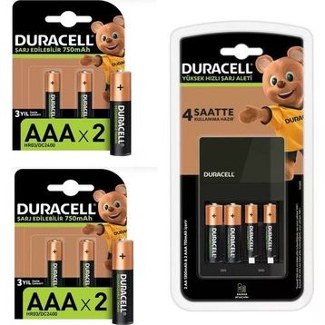 Duracell HR6 AA 1300 mAh 2'li + HR03 AAA 750 mAh 6'lı Şarj Edilebilir Pil + CEF14 Şarj Aleti