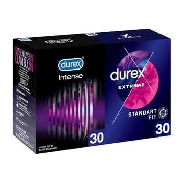 Durex Intense 30'lu Uyarıcı Jelli ve Tırtıklı Prezervatif + Durex Extreme 30'lu Geciktiricili ve Tırtıklı Prezervatif