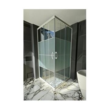 Durul Kare Beyaz Çizgi Ortası Buzlu Cam 5 MM Yükseklik 190 CM 70x110 CM Duşakabin