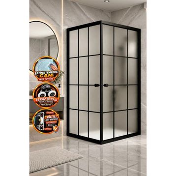 Durul Kare Siyah Çizgi Buzlu Alüminyum Malzeme ile 80x115 cm Duşakabin