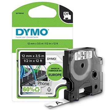 Dymo S0718040 16957 Yüksek Performans Esnek Naylon 12 mm x 3.5 mt Siyah Beyaz Etiket Bandı