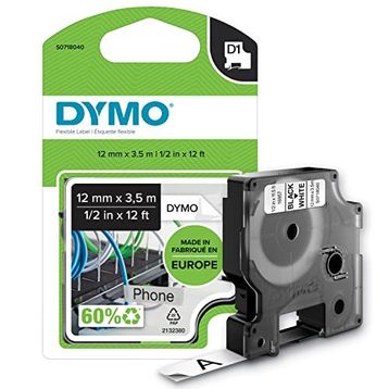 Dymo S0718040 16957 Yüksek Performans Esnek Naylon 12 mm x 3.5 mt Siyah Beyaz Etiket Bandı