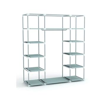 Dzgn Home Çift Yandan Raflı Askılı Gri Metal Profilli Kumaş Geniş Bez Dolap Portatif Gardrop