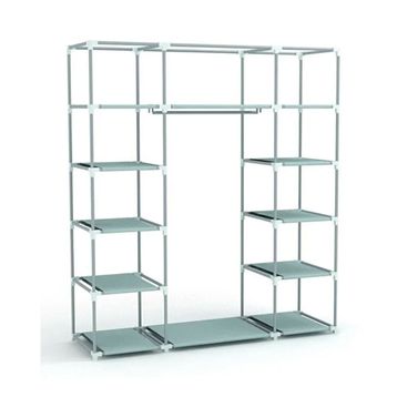 Dzgn Home Çift Yandan Raflı Askılı Lacivert Metal Profilli Kumaş Geniş Bez Dolap Portatif Gardrop