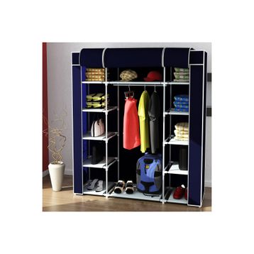 Dzgn Home Çift Yandan Raflı Askılı Lacivert Metal Profilli Kumaş Geniş Bez Dolap Portatif Gardrop