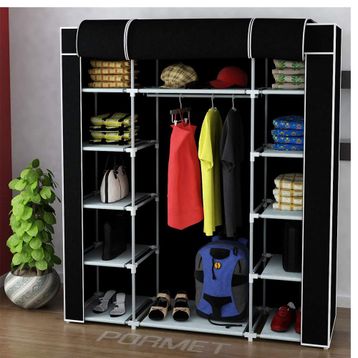 Dzgn Home Çift Yandan Raflı Askılı Siyah Metal Profilli Kumaş Geniş Bez Dolap Portatif Gardrop