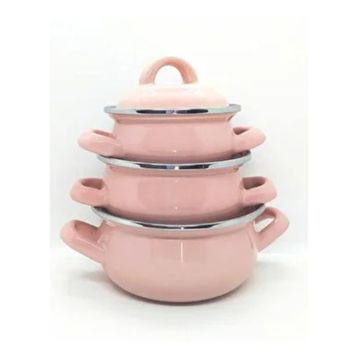 Ebru Metal Pembe Emaye Mini 3’lü Mama Tencere Takımı