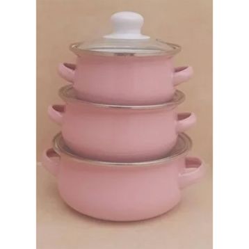 Ebru Metal Pembe Emaye Mini 3’lü Mama Tencere Takımı