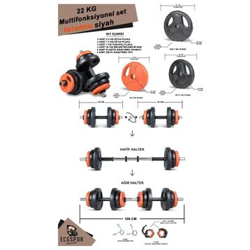 Ecgspor 22 kg Multifonksiyonel Turuncu Siyah Halter Seti ve Dambıl Seti