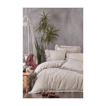 Ecocotton Miranda %100 Keten Parça Boya Bej 240x220 cm Battal Boy Nevresim Takımı