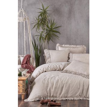Ecocotton Miranda %100 Keten Parça Boya Bej 240x220 cm Battal Boy Nevresim Takımı