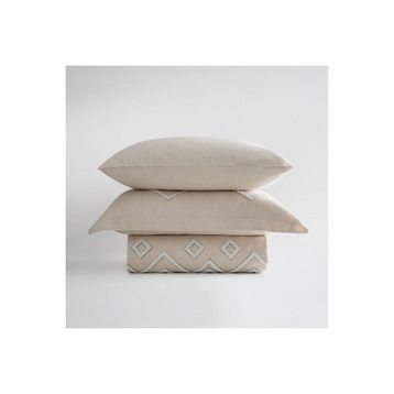 Ecocotton Talya %100 Pamuk Keten Panç Nakışlı Krem Bej 240x220 cm Battal Boy Nevresim Takımı