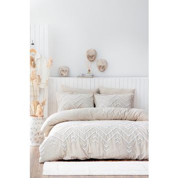 Ecocotton Talya %100 Pamuk Keten Panç Nakışlı Krem Bej 240x220 cm Battal Boy Nevresim Takımı