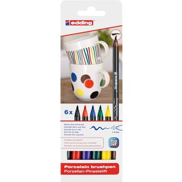 Edding 4200 Siyah Kırmızı Mavi Yeşil Sarı Kahverengi 1-4 mm Fırça Uçlu 6 Adet Porselen Kalemi
