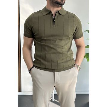 Edwox Haki EDW452 Erkek Slim Fit Fermuarlı Polo Yaka Tişört