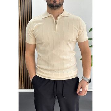 Edwox Krem EDW452 Erkek Slim Fit Fermuarlı Polo Yaka Tişört