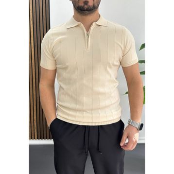 Edwox Krem EDW452 Erkek Slim Fit Fermuarlı Polo Yaka Tişört