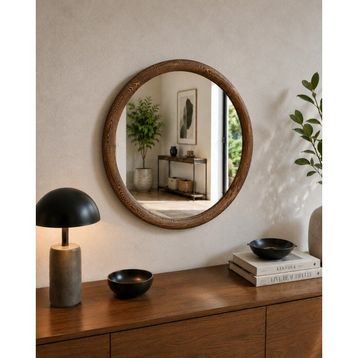 Effe Yapı Dekor Doğal Ahşap Çerçeveli 55x55 cm Ceviz Dekoratif Ayna