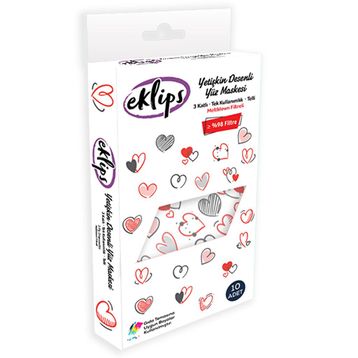 Eklips Kalp Baskılı 10'lu Yetişkin Yüz Maskesi