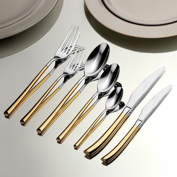Elegance Altın Sade 12 Kişilik 84 Parça Deri Kutulu Çatal Kaşık Bıçak Takımı