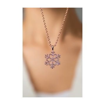 Elika Silver 14 K Rose Altın Kaplama Zirkon Taşlı Kadın Kar Tanesi Kolye