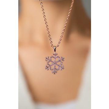 Elika Silver 14 K Rose Altın Kaplama Zirkon Taşlı Kadın Kar Tanesi Kolye