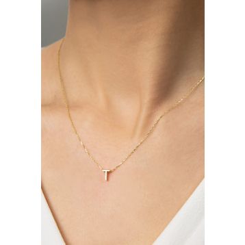 Elika Silver Kadın Altın Kaplama Üç Boyutlu T Harf Model 925 Ayar Gümüş Kolye