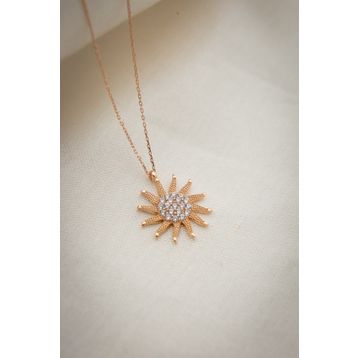 Elika Silver Kadın Rose Altın Kaplama Zirkon Taşlı Güneş Model 925 Ayar Gümüş Kolye