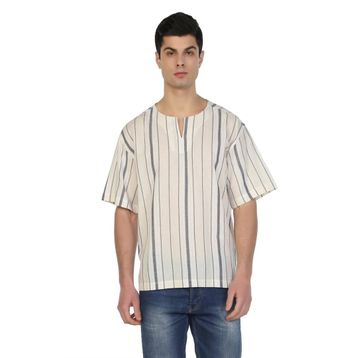 Eliş Şile Bezi Ekru Gri Çizgili 3028 Büyük Beden Kısa Kol Şile Bezi Bisiklet Yaka Erkek Tshirt