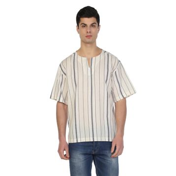 Eliş Şile Bezi Ekru Gri Çizgili 3028 Büyük Beden Kısa Kol Şile Bezi Bisiklet Yaka Erkek Tshirt