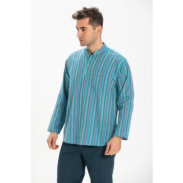 Eliş Şile Bezi Turkuaz Çizgili 3071 Uzun Kol Şile Bezi Hakim Yaka Erkek Tshirt