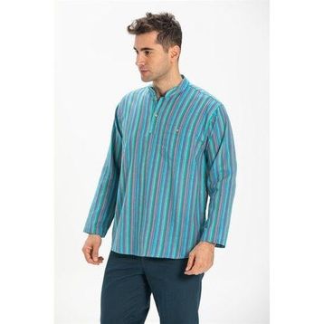 Eliş Şile Bezi Turkuaz Çizgili 3071 Uzun Kol Şile Bezi Hakim Yaka Erkek Tshirt