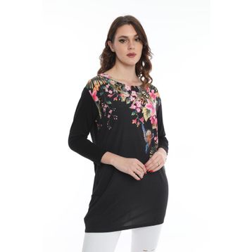 Ella Camelia 5010069 Çiçek Desenli Uzun Siyah Kadın Bluz