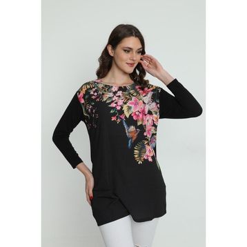 Ella Camelia 5010069 Çiçek Desenli Uzun Siyah Kadın Bluz