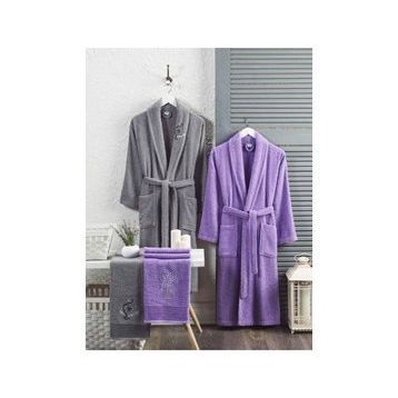 Elmira Textile 4 Parça %100 Gri Lavanta Kadın Erkek Havlulu Bornoz Takımı