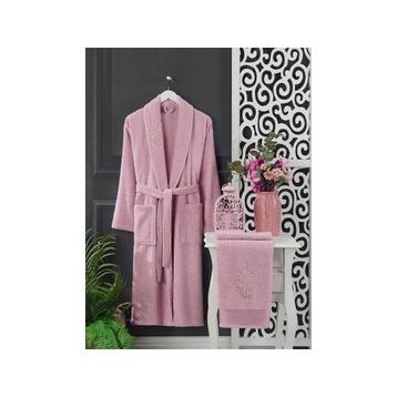 Elmira Textile 4 Parça %100 Lacivert Pembe Kadın Erkek Havlulu Bornoz Takımı